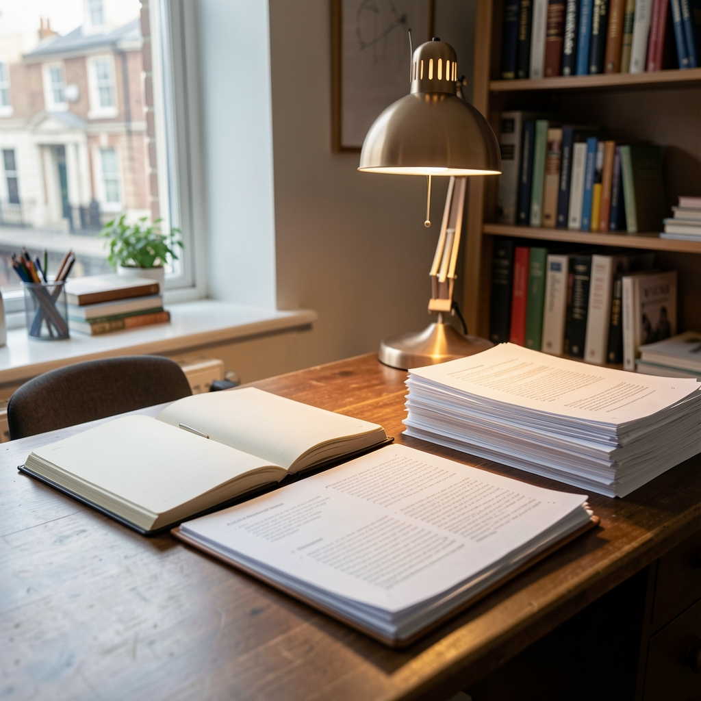 Editorial workspace with open notebooks, a stack of printed research papers, warm desk lamp lighting in a quiet London office