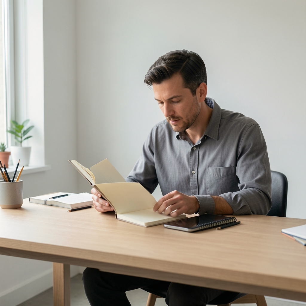 Tobias Ashcroft, contributing editor at Sornal Quarterly, reviewing a notebook in a sparse minimalist workspace with natural light