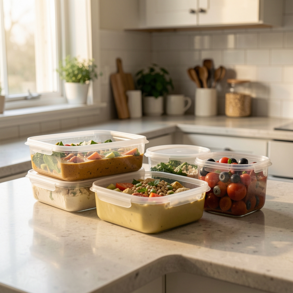 Meal prep containers arranged on a kitchen counter in the late afternoon, soft natural window light