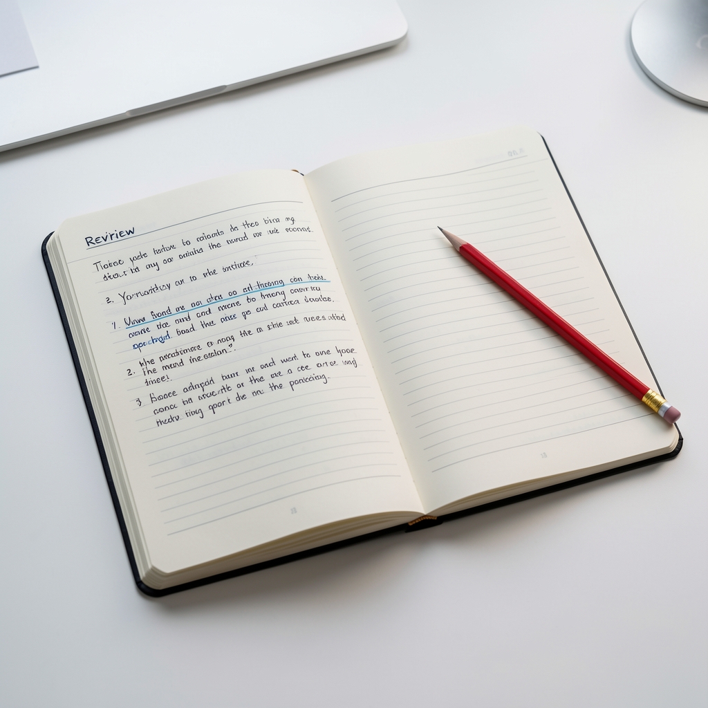 Open notebook with editorial review notes and a red pencil on a white desk surface, controlled workspace lighting
