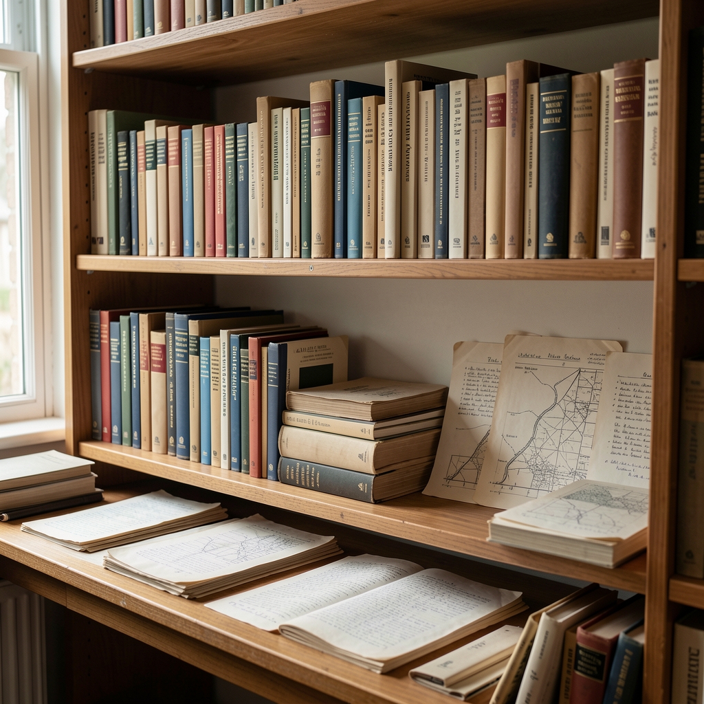 Shelves lined with reference books and archived printed field notes in a quiet editorial workspace